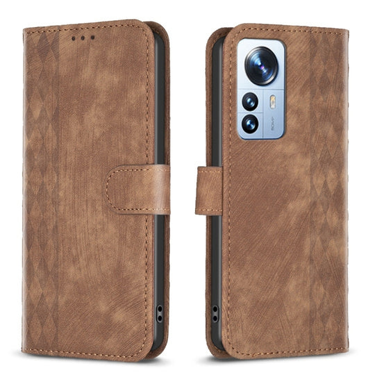 Pour Xiaomi 12 Pro Étui de téléphone en cuir gaufré à carreaux (marron)