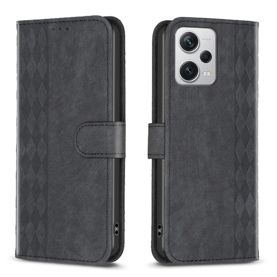 Pour Xiaomi Redmi Note 12 Pro + Étui de téléphone en cuir gaufré à carreaux mondiaux (noir)
