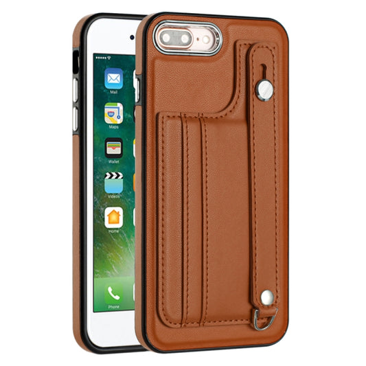 For iPhone 6 Plus/7 Plus/8 Plus Shockproof Leather Phone Case with Wrist Strap(Brown) by buy2fix
