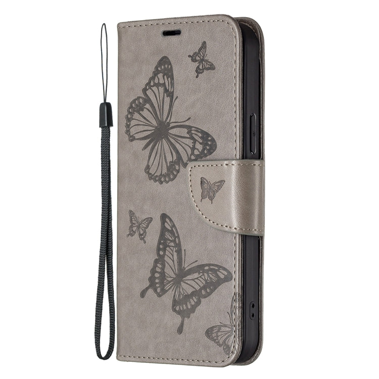 For Xiaomi Redmi 12 4G Two Butterflies Embossing Leather Phone Case(Grey) - Xiaomi Cases by buy2fix | Online Shopping UK | buy2fix