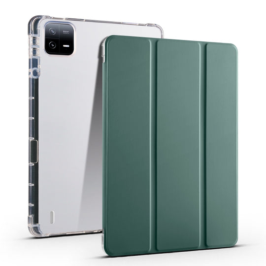For Xiaomi Pad 6 / 6 Pro 3-fold Clear TPU Smart Leather Tablet Case with Pen Slot(Dark Green)