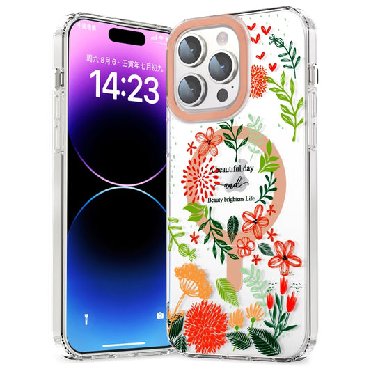 For iPhone 13 Pro Max MagSafe Magnetic TPU Phone Case(Red Flowers and Green Leaves) - iPhone 13 Pro Max Cases by buy2fix | Online Shopping UK | buy2fix