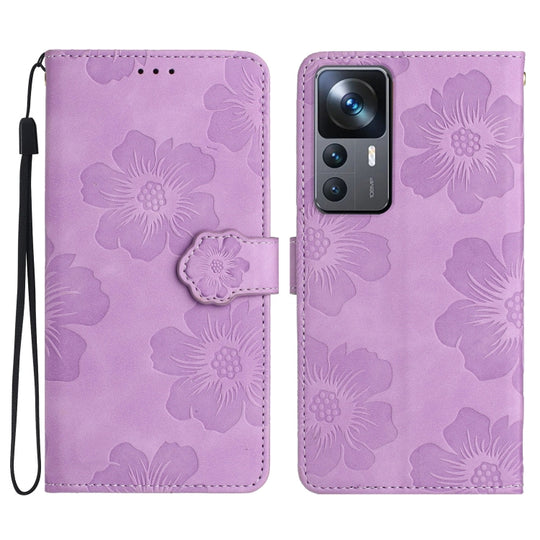 Pour Xiaomi 12T / 12T Pro Étui de téléphone en cuir à motif de gaufrage de fleurs (violet)