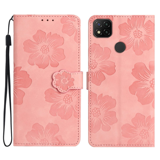 Pour Xiaomi Redmi 9C Étui de téléphone en cuir à motif de gaufrage de fleurs (rose)