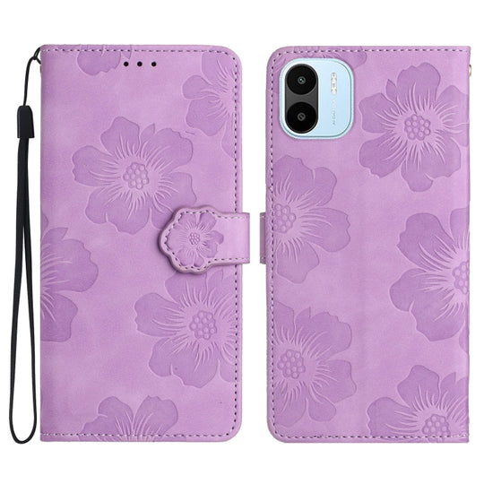 Pour Xiaomi Redmi A1 Étui de téléphone en cuir à motif de gaufrage de fleurs (violet)
