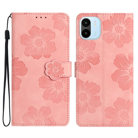 Pour Xiaomi Redmi A1 Étui de téléphone en cuir à motif de gaufrage de fleurs (rose)