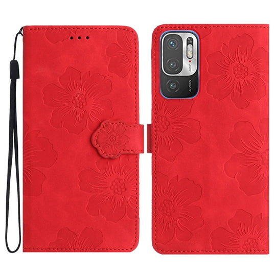 For Xiaomi Redmi Note 10 5G Flower Embossing Pattern Leather Phone Case(Red)