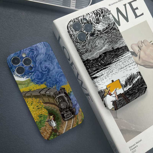 For iPhone 14 Plus Precise Hole Oil Painting Pattern PC Phone Case(Train) by buy2fix