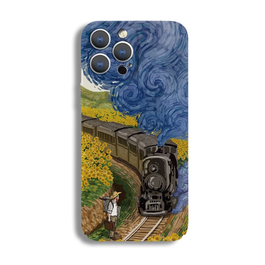 For iPhone 11 Precise Hole Oil Painting Pattern PC Phone Case(Train) by buy2fix