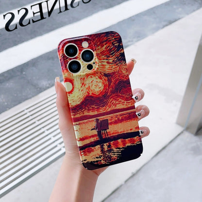 For iPhone 13 Precise Hole Oil Painting Pattern PC Phone Case(Sunset) by buy2fix