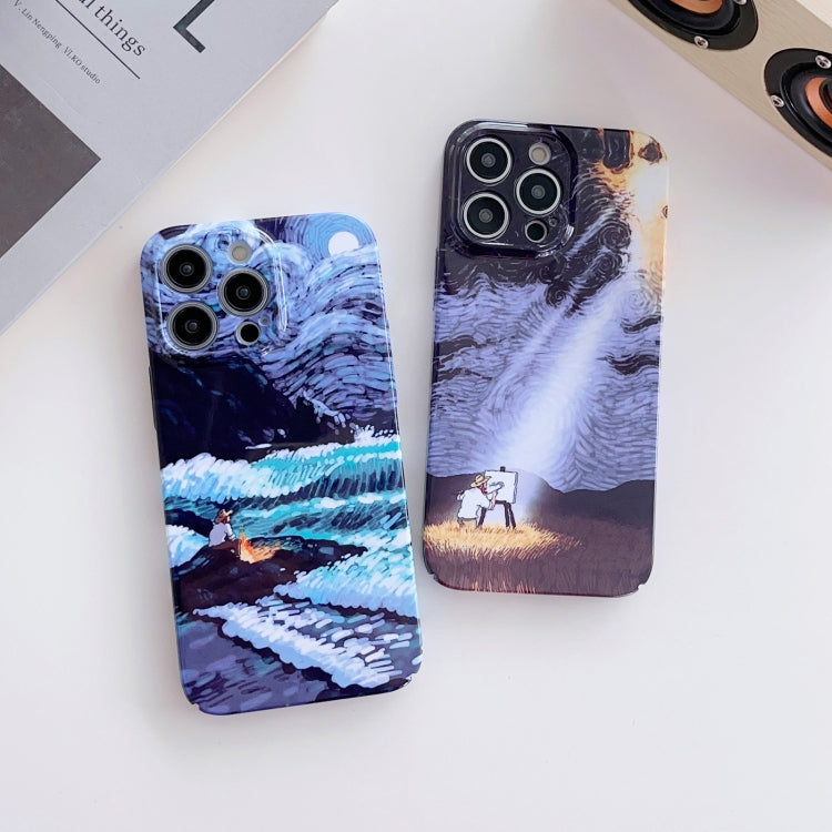 For iPhone 13 Precise Hole Oil Painting Pattern PC Phone Case(Sunset) by buy2fix