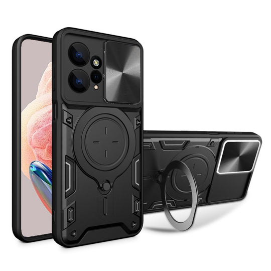 For Xiaomi Redmi Note 12 4G CD Texture Sliding Camshield Magnetic Holder Phone Case(Black)