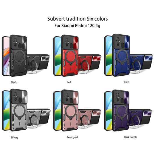 For Xiaomi Redmi 12C CD Texture Sliding Camshield Magnetic Holder Phone Case(Purple) by buy2fix
