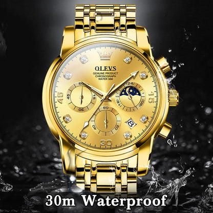 OLEVS 2889 Men Multifunctional Luminous Waterproof Quartz Watch(Gold) - Metal Strap Watches by OLEVS | Online Shopping UK | buy2fix