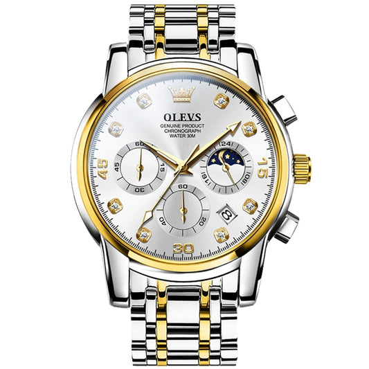 OLEVS 2889 Men Multifunctional Luminous Waterproof Quartz Watch(White + Gold) - Metal Strap Watches by OLEVS | Online Shopping UK | buy2fix