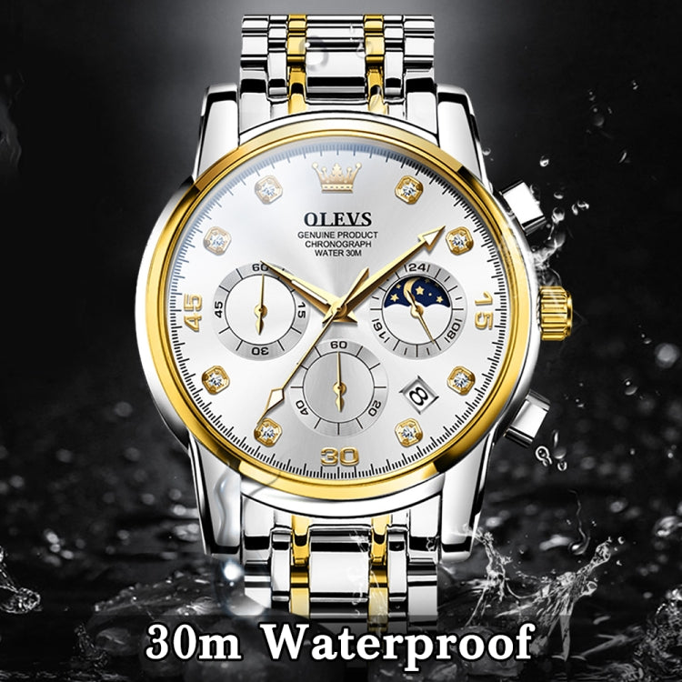 OLEVS 2889 Men Multifunctional Luminous Waterproof Quartz Watch(White + Gold) - Metal Strap Watches by OLEVS | Online Shopping UK | buy2fix