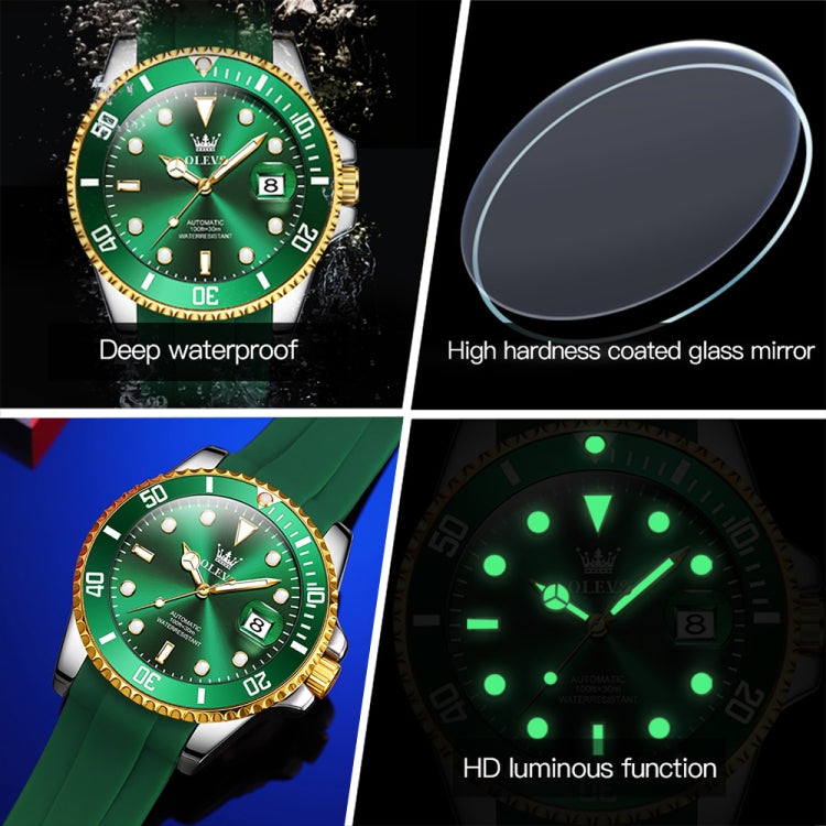 OLEVS 6650 Men Luminous Waterproof Silicone Strap Mechanical Watch(Green + Gold) - Silicone Strap Watches by OLEVS | Online Shopping UK | buy2fix