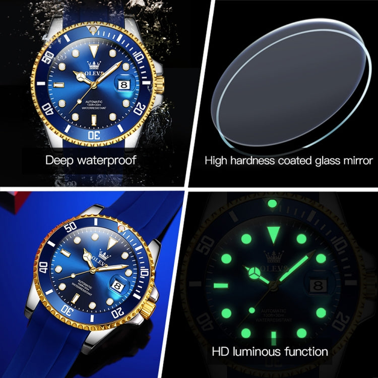 OLEVS 6650 Men Luminous Waterproof Silicone Strap Mechanical Watch(Blue + Gold) - Silicone Strap Watches by OLEVS | Online Shopping UK | buy2fix