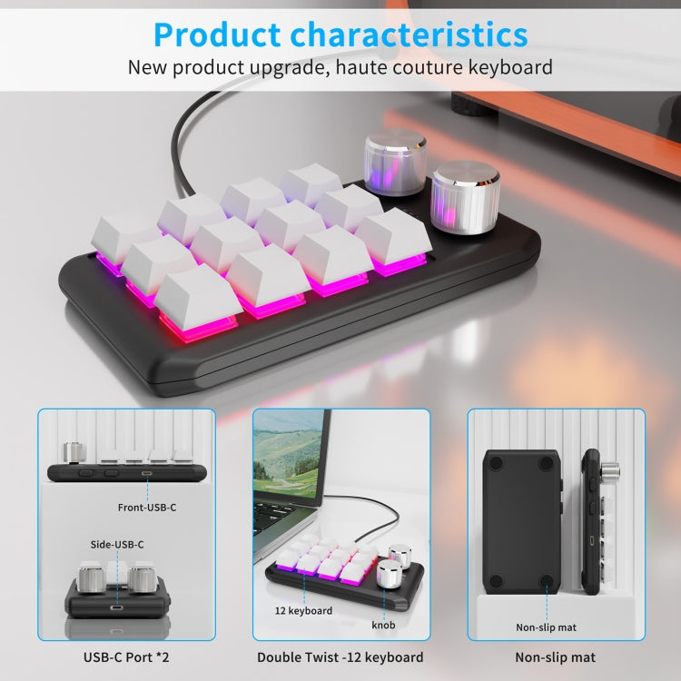 USB Wired 12KV2 MOLD Mini Mechanical 12 Keys 2 Knob Custom Programming Keyboard(White) - Mini Keyboard by buy2fix | Online Shopping UK | buy2fix