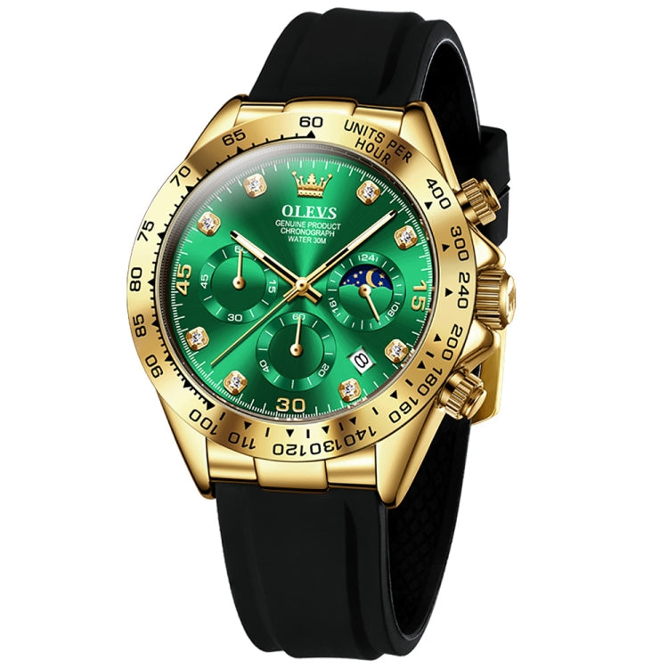 OLEVS 2875 Men Multifunctional Sports Chronograph Waterproof Quartz Watch(Green + Gold) - Silicone Strap Watches by OLEVS | Online Shopping UK | buy2fix