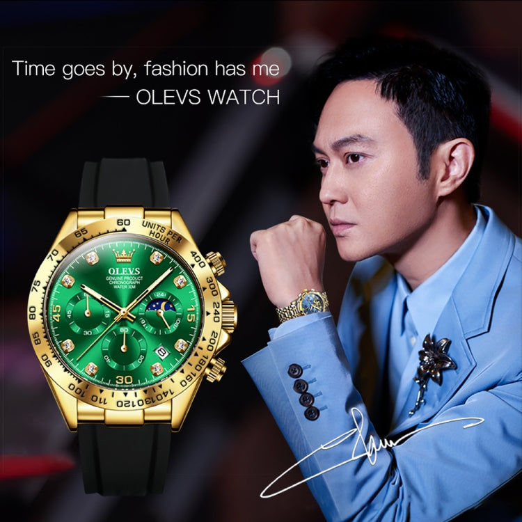 OLEVS 2875 Men Multifunctional Sports Chronograph Waterproof Quartz Watch(Green + Gold) - Silicone Strap Watches by OLEVS | Online Shopping UK | buy2fix