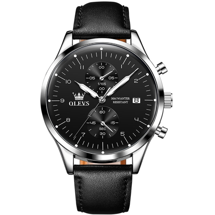 OLEVS 2880 Men Multifunctional Business Waterproof Leather Strap Quartz Watch(Black + Silver) - Leather Strap Watches by OLEVS | Online Shopping UK | buy2fix