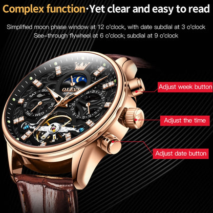 OLEVS 6658 Men Luminous Waterproof Leather Strap Mechanical Watch(Black + Rose Gold) - Leather Strap Watches by OLEVS | Online Shopping UK | buy2fix