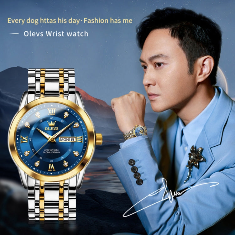 OLEVS 5513 Men Business Luminous Waterproof Quartz Watch(Blue + Gold) - Metal Strap Watches by OLEVS | Online Shopping UK | buy2fix