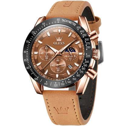 OLEVS 9957 Men Luminous Waterproof Leather Strap Quartz Watch(Coffee + Rose Gold) - Leather Strap Watches by OLEVS | Online Shopping UK | buy2fix