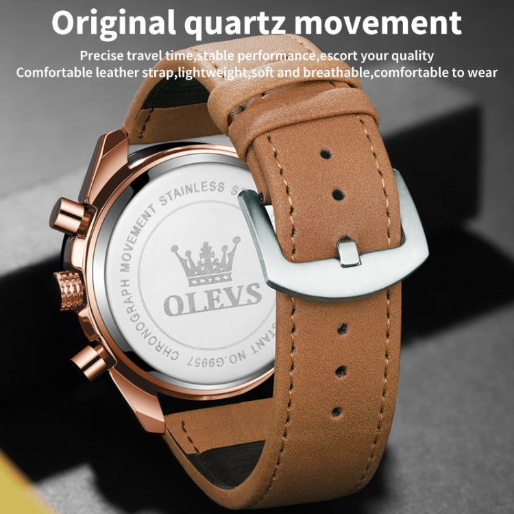 OLEVS 9957 Men Luminous Waterproof Leather Strap Quartz Watch(Blue) - Leather Strap Watches by OLEVS | Online Shopping UK | buy2fix