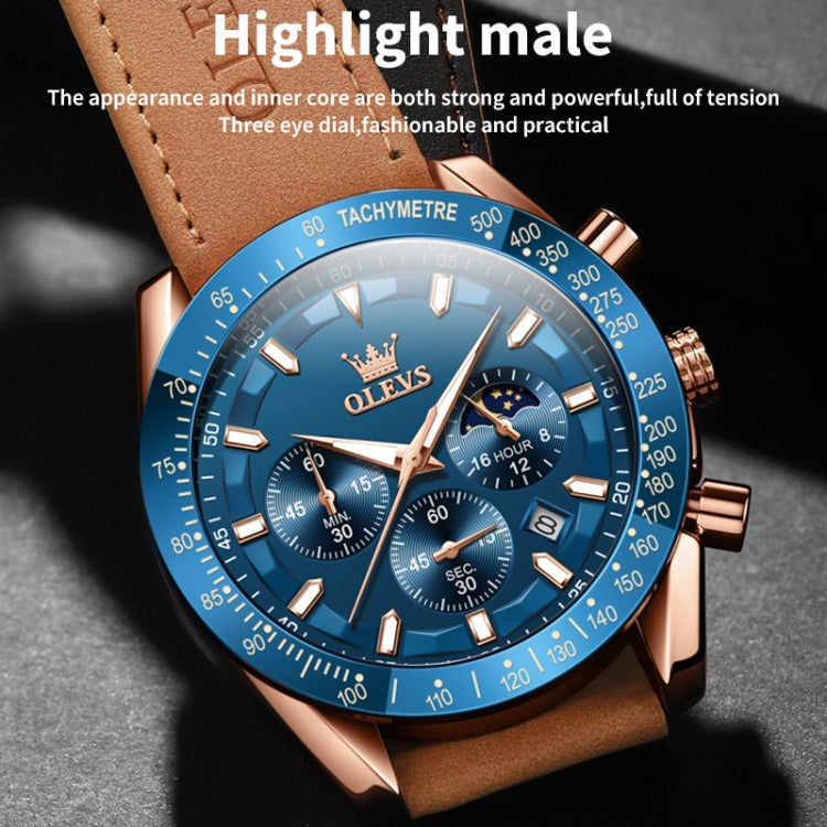 OLEVS 9957 Men Luminous Waterproof Leather Strap Quartz Watch(Blue + Rose Gold) - Leather Strap Watches by OLEVS | Online Shopping UK | buy2fix