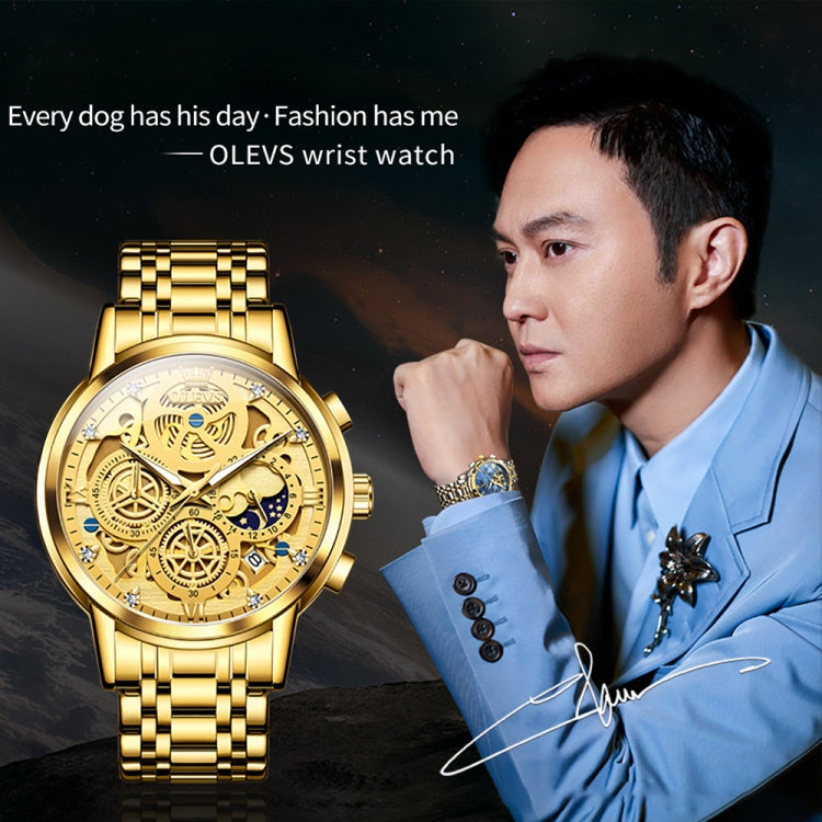 OLEVS 9947 Men Multifunctional Hollow Waterproof Quartz Watch(Gold) - Metal Strap Watches by OLEVS | Online Shopping UK | buy2fix