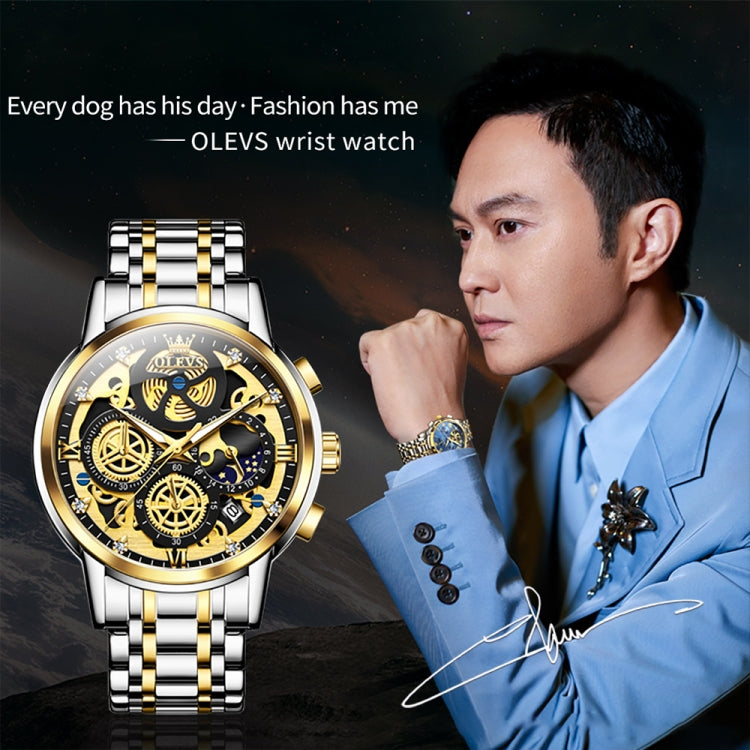 OLEVS 9947 Men Multifunctional Hollow Waterproof Quartz Watch(Black + Gold) - Metal Strap Watches by OLEVS | Online Shopping UK | buy2fix