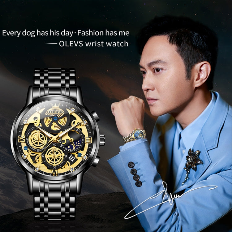 OLEVS 9947 Men Multifunctional Hollow Waterproof Quartz Watch(Black) - Metal Strap Watches by OLEVS | Online Shopping UK | buy2fix