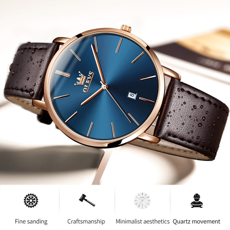 OLEVS 5869 Men Business Waterproof Genuine Leather Strap Quartz Watch(Blue + Rose Gold) - Leather Strap Watches by OLEVS | Online Shopping UK | buy2fix