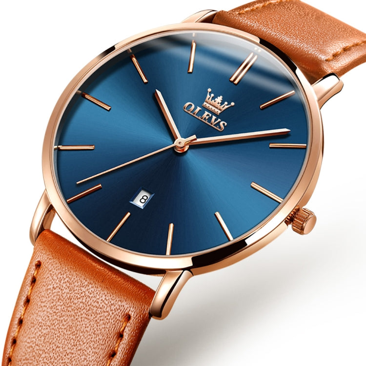 OLEVS 5869 Men Business Waterproof Genuine Leather Strap Quartz Watch(Blue + Brown) - Leather Strap Watches by OLEVS | Online Shopping UK | buy2fix