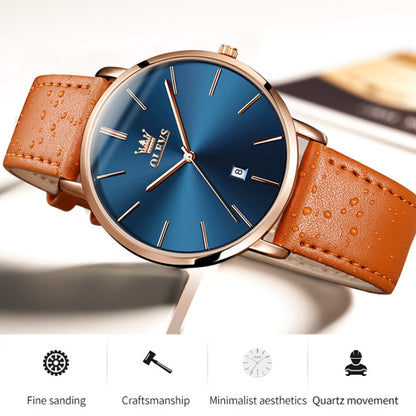 OLEVS 5869 Men Business Waterproof Genuine Leather Strap Quartz Watch(Blue + Brown) - Leather Strap Watches by OLEVS | Online Shopping UK | buy2fix