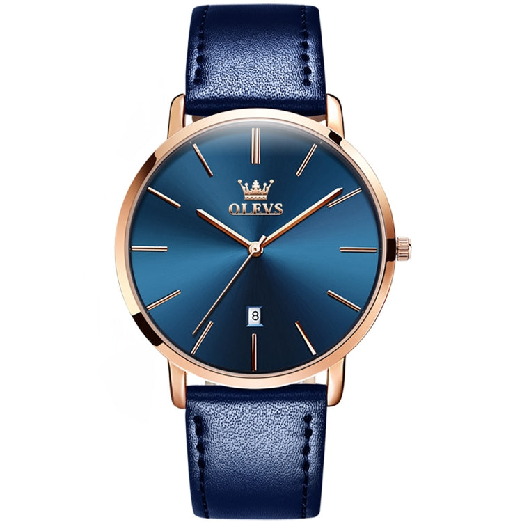 OLEVS 5869 Men Business Waterproof Genuine Leather Strap Quartz Watch(Blue + Blue) - Leather Strap Watches by OLEVS | Online Shopping UK | buy2fix