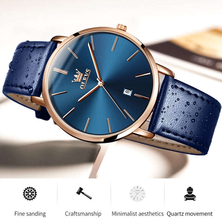 OLEVS 5869 Men Business Waterproof Genuine Leather Strap Quartz Watch(Blue + Blue) - Leather Strap Watches by OLEVS | Online Shopping UK | buy2fix