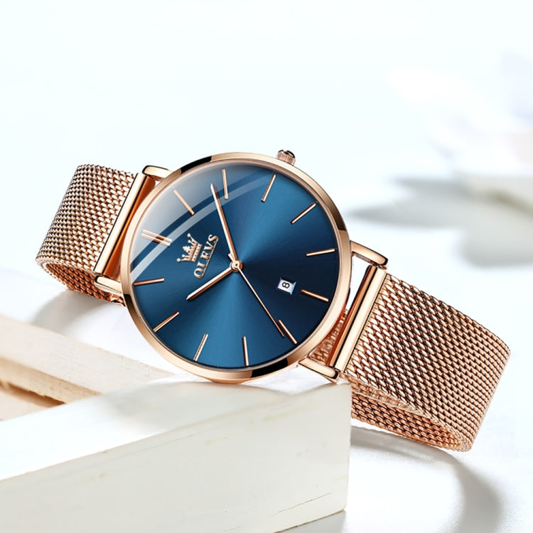 OLEVS 5869 Ladies Business Waterproof Steel Strap Quartz Watch(Blue + Rose Gold) - Metal Strap Watches by OLEVS | Online Shopping UK | buy2fix