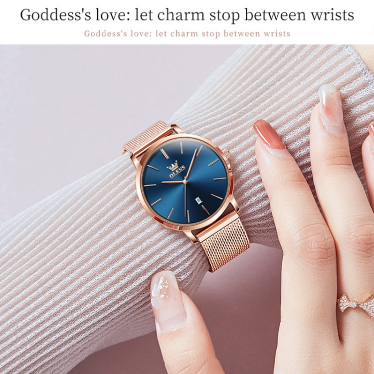 OLEVS 5869 Ladies Business Waterproof Steel Strap Quartz Watch(Blue + Rose Gold) - Metal Strap Watches by OLEVS | Online Shopping UK | buy2fix