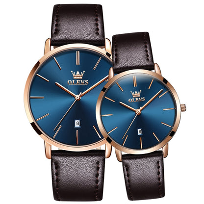 OLEVS 5869 1 Pair Couple Waterproof Genuine Leather Strap Quartz Watch(Blue + Rose Gold) - Couple Watches by buy2fix | Online Shopping UK | buy2fix