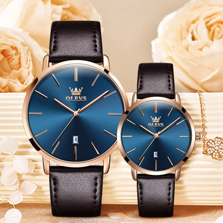 OLEVS 5869 1 Pair Couple Waterproof Genuine Leather Strap Quartz Watch(Blue + Rose Gold) - Couple Watches by buy2fix | Online Shopping UK | buy2fix