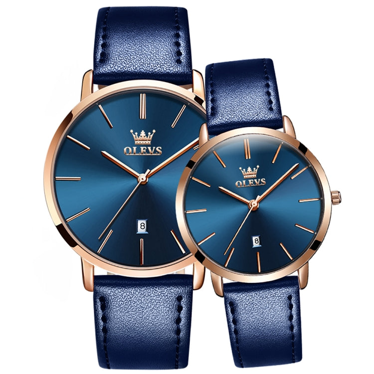 OLEVS 5869 1 Pair Couple Waterproof Genuine Leather Strap Quartz Watch(Blue) - Couple Watches by buy2fix | Online Shopping UK | buy2fix