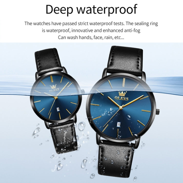 OLEVS 5869 1 Pair Couple Waterproof Genuine Leather Strap Quartz Watch(Blue + Black) - Couple Watches by buy2fix | Online Shopping UK | buy2fix