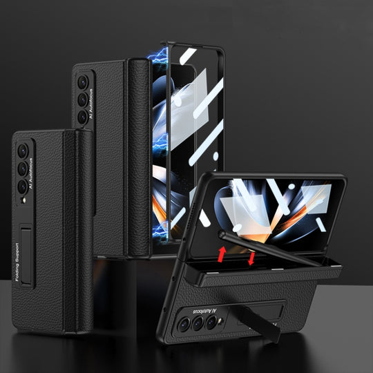 For Samsung Galaxy Z Fold4 GKK Integrated Fold Hinge Leather Phone Case with Holder(Black)