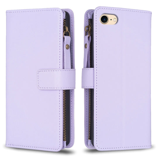 For iPhone SE 2022/SE 2020 / 8 / 7 9 Card Slots Zipper Wallet Leather Flip Phone Case(Light Purple)