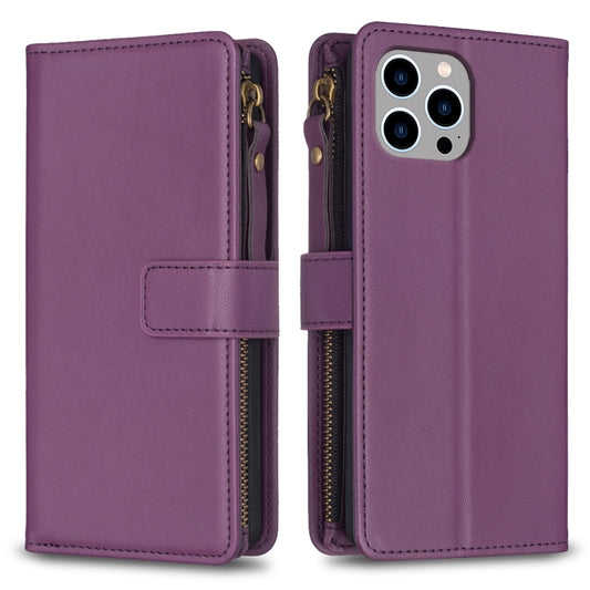 For iPhone 13 Pro 9 Card Slots Zipper Wallet Leather Flip Phone Case(Dark Purple) - iPhone 13 Pro Cases by buy2fix | Online Shopping UK | buy2fix