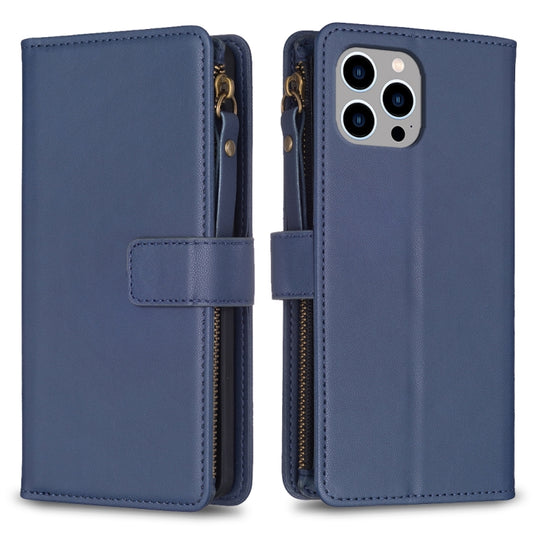 For iPhone 14 Pro Max 9 Card Slots Zipper Wallet Leather Flip Phone Case(Blue) - iPhone 14 Pro Max Cases by buy2fix | Online Shopping UK | buy2fix