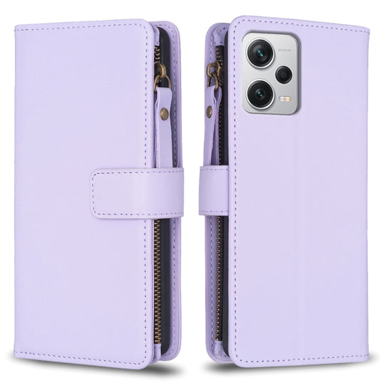 For Xiaomi Redmi Note 12 Pro+ 5G Global 9 Card Slots Zipper Wallet Leather Flip Phone Case(Light Purple)